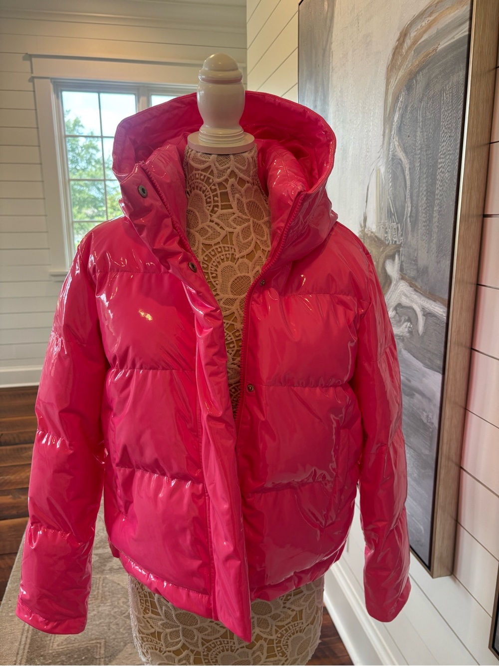 Juniors Shiny Pink Puffer Jacket with Hood